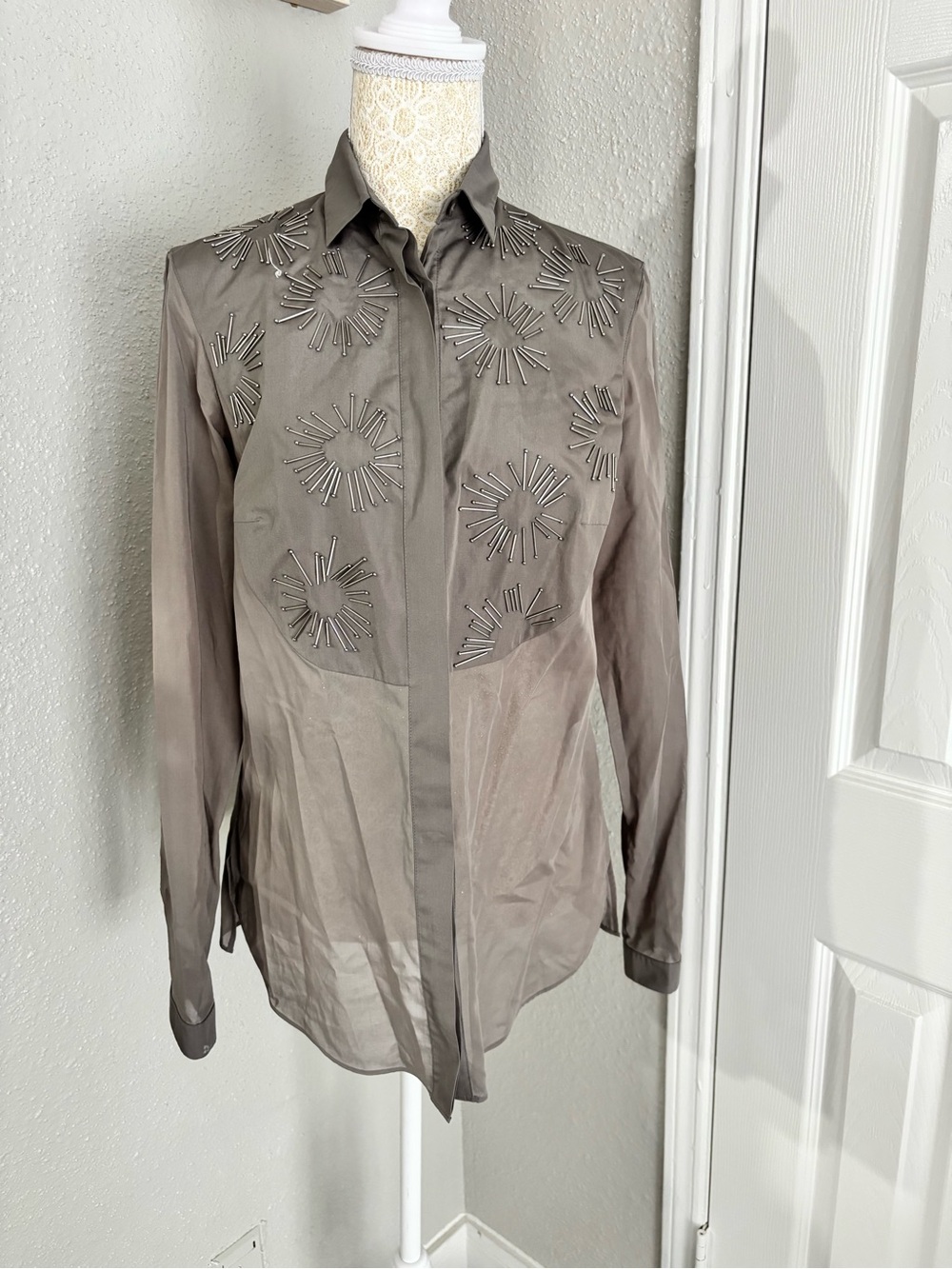 Akris Punto Taupe Embellished Button-Down Shirt - Picture 3 of 15